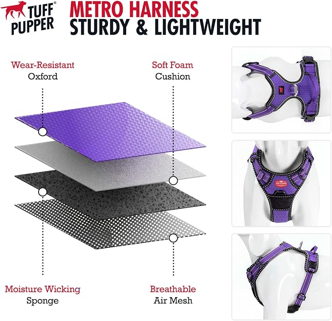 Tuff Pupper No Pull Easy Walk Dog Harness | Heavy Duty Pet Vest | Front & Back Leash Clips | Strong Safety Handle | Reflective Anti Pull Vest | Comfortable Padded Escape Proof Harness (Small, Purple)