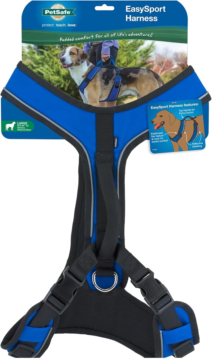 PetSafe EasySport Dog Harness, Blue, Large | Padded, Elastic Neckline Harness for Active Dogs, Reflective Piping for Visibility, Top Control Handle, Rear Leash Clip