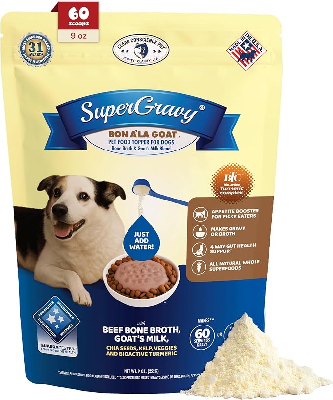 CLEAR CONSCIENCE PET® Bon A'la Goat SuperGravy® Dog Food Topper Hydration Broth Mix Greek Yogurt Cheese Blend Kibble Seasoning Probiotics Prebiotics Enzymes Taurine 9 oz. 60 Scoop, All Life Stage