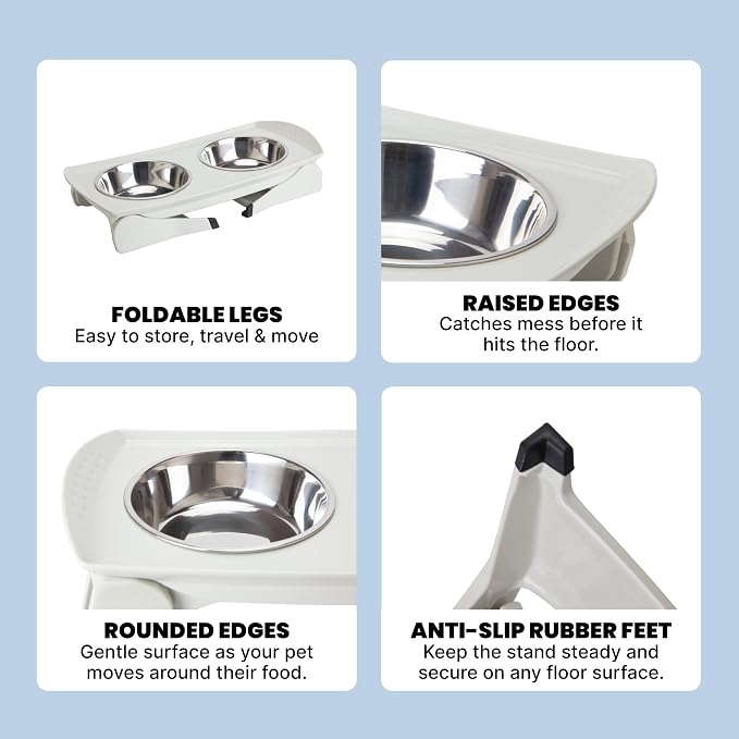 MalsiPree Elevated Dog Bowls for Small Dogs - 6.5" Raised Dog Bowl Stand with Splash Guard - Portable Folding Pet Feeding Station with 2 Stainless Steel Bowls - Travel Road Trip Foldable Collapsible