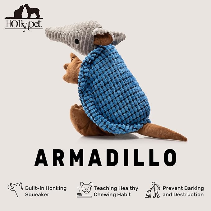 Hollypet Armadillo Squeaky Dog Toys for Medium Large Dogs, 14" | plush stuffed large dog squeak animal toy with unique grunt squeaker textured fabric for teeth cleaning toys