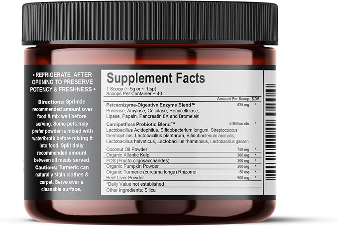 Best Paw Nutrition Probiotics for Dogs | Digestive Enzymes and Probiotics Powder | Beef Liver Flavor | Pumpkin, Turmeric and Prebiotic FOS | Gut Health Food Topper for Dogs and Cats | 6.5oz