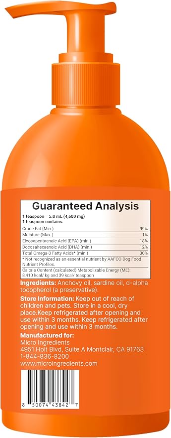 Micro Ingredients Omega-3 Fish Oil for Dogs & Cats, 16 fl oz | Supports Healthy Skin & Shiny Coats* | Liquid EPA & DHA Formula | Wild-Caught Fish Source | Easy-Pump Dispenser | Non-GMO & Pet Friendly