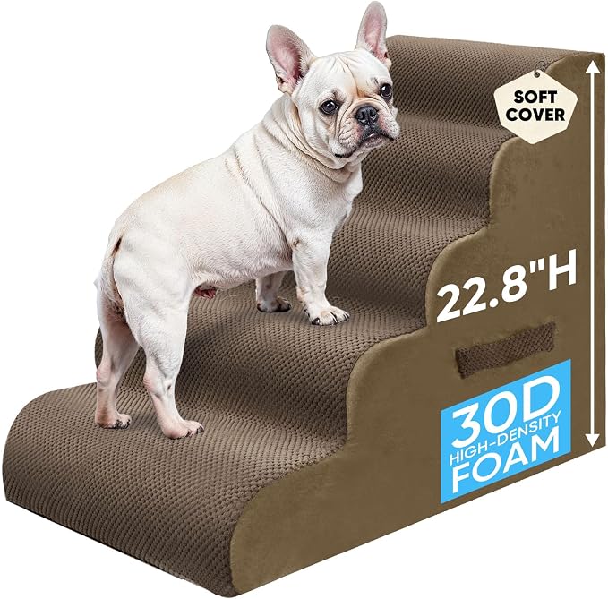 PAWSCRAT Pet Stairs for Dogs 5-Step, 22.8" H Pet Stairs for High Bed, Couch Sofa & Chair, 30D Material Soft Foam Dog Steps with Non-Slip Bottom Surface Removable Washable Cover, Brown