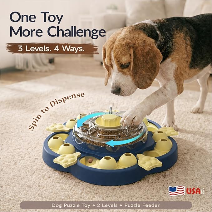 KADTC Dog Puzzle Toy, 3 Levels of Step-by-Step Challenge, Spin to Release Treat Dispenser, Slow Feeder & Mental Stimulation Enrichment Toy for Small Medium Large Dogs