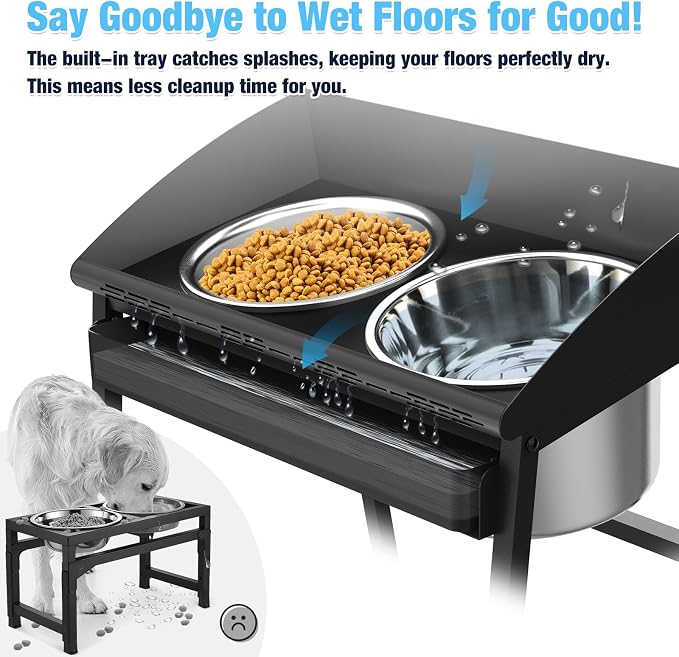 Spill Proof Tilted Elevated Dog Bowls for Large Breed, 15“ Tall Raised Dog Bowl with Stand, Stainless Steel Dog Food Bowl & Water Bowl Set for Indoor & Outdoor Use, Easy Clean Large Dog Bowl Dog Dish