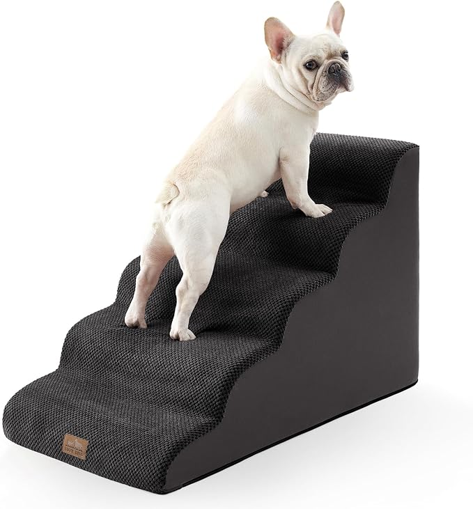 COZY KISS Extra Wide Dog Stair for Small Dog, 5 Step Pet Ramp for Bed | Curved Stable Dog Step for Puppy, Older Cat, Senior, Medium, Short-Legged Dog, Non-Slip Ladder for High Bed, 22.4" H, Black