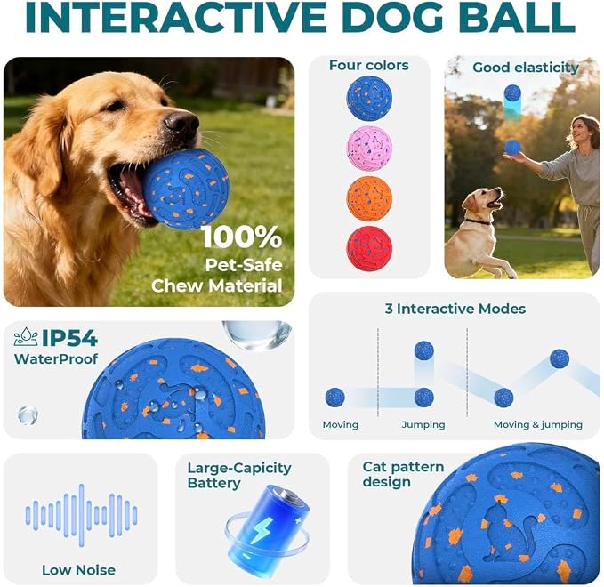Interactive Dog Ball, Auto Rolling Smart Dog Toy for Aggressive Chewers, Bouncy Throwable Dog Enrichment Toy with 3 Rolling Modes, Type-C Rechargeable, IP54 Washable for Small Medium Large Dogs