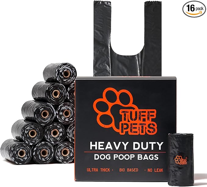 Tuff Pets Heavy Duty Dog Poop Bag With Handles - 16 Rolls of Pet Waste Bags - Fits in any Dogs Poo Bag Dispenser or Holder - Thick Dog Poop Bags