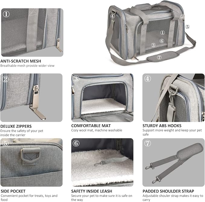 Henkelion Cat & Dog Carrier, Small/Medium Up to 15 lbs, TSA Airline Approved, Waterproof, Grey