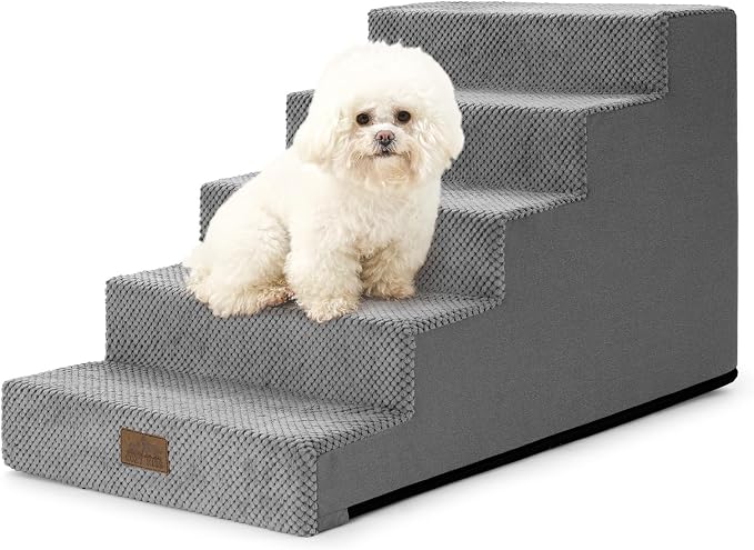 COZY KISS Dog Stairs for Small Dogs, 5 Step Pet Stairs for Beds & Couches | 17.7" H Non-Slip Dog Steps for Bed & Sofa, Gentle Incline for Puppies, Senior Cats, and Small Dogs, 17.7x29.5x17.7 in, Grey