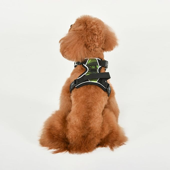 Puppia Battle Dog Harness H Sturdy Adjustable Neck and Chest Reflective Camouflage Pattern Front and Back D-Ring for Small and Medium Dogs, Green, Medium