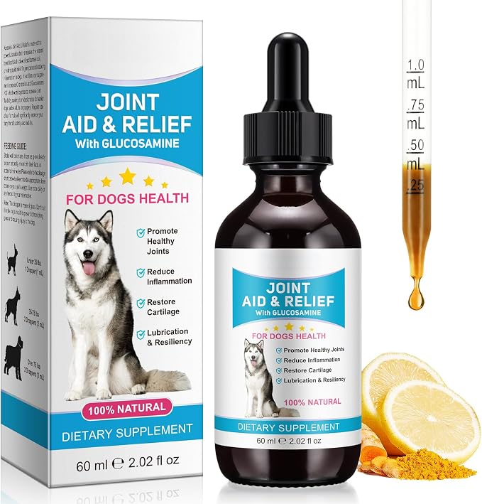 Pain Relief for Dogs, Hip & Joint Glucosamine Drops, Chondroitin Drops for Dogs, Natural Formula with Essential Nutrients for Active & Aging Dog, 60ml