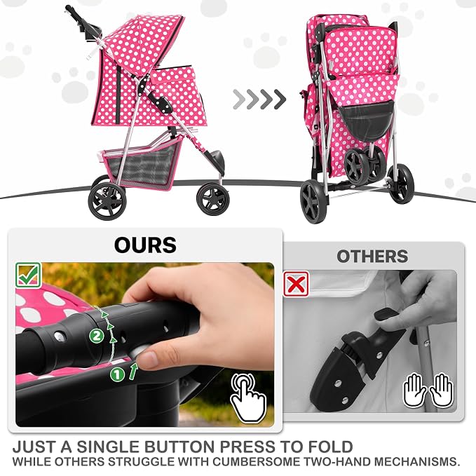 MoNiBloom 3-Wheel Foldable Pet Stroller - Hot Pink Polka Dots