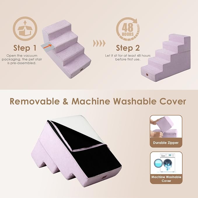 EHEYCIGA Dog Stairs for High Bed 22.5" H, 5-Step Dog Steps for Bed, Pet Steps for Small Dogs and Cats, Non-Slip Balanced Pet Ramp Indoor, Lilac