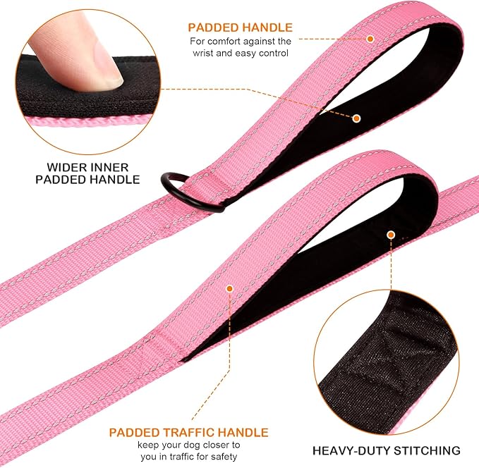 Joytale Dog Leash for Large Dogs that Pull, Double Handle, 6FT, Pink | Traffic Handle for Control, Padded Handle Reduces Hand Strain, Reflective Stitching for Night Safety, Strong Nylon Webbing