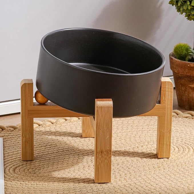 Black Elevated/Raised 15°Tilted Anti Slip Ceramic Dog Bowl for Medium & Large Breeds,Slanted Bulldog Big Face Pet Feeding Food Water Dish Stand for Dogs (7.6 Cups/60OZ)