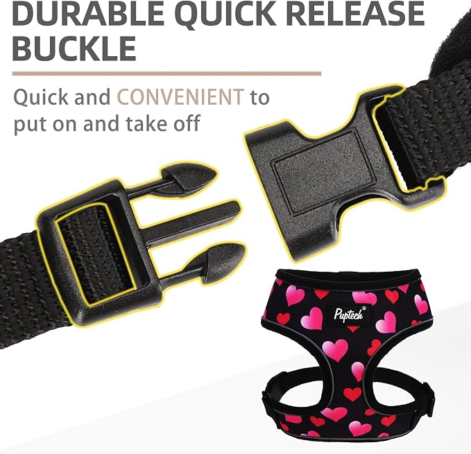 PUPTECK Soft Mesh Dog Harness and Leash Set Pet Puppy Cat Comfort Padded Vest No Pull Harnesses Valentine, Black&Pink, L