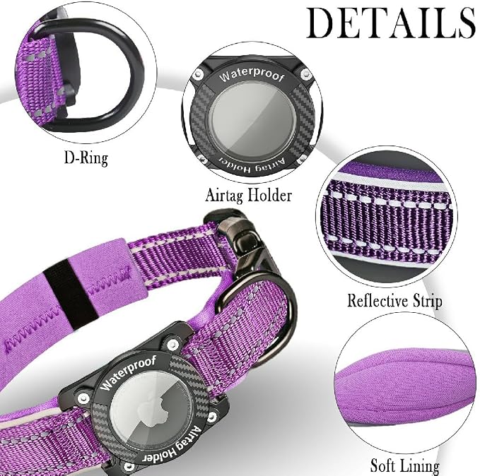 Upgrade Dog Collar with AirTag Holder, IP68 Waterproof, Purple, M | 1000D Nylon, Reflective Stitching for Night Visibility, Adjustable Soft Padded, Ultra-Durable, for Small Medium Large Dogs