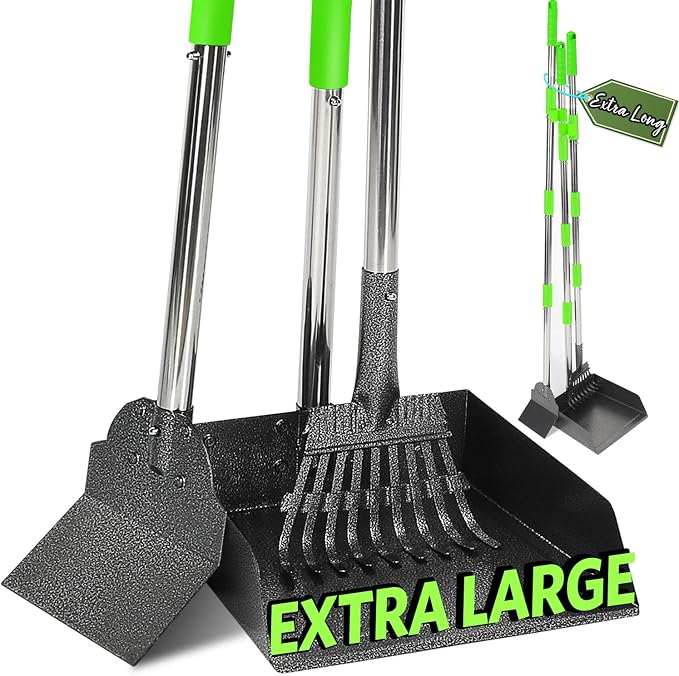 T2Y Extra Long Handle Dog Pooper Scooper 3-Piece Set, Heavy Duty Metal Poop Rake, Tray and Spade for Large Dogs, Stainless Steel Pet Waste Remover & Garden Scoop for Yard/Grass/Dirt/Gravel