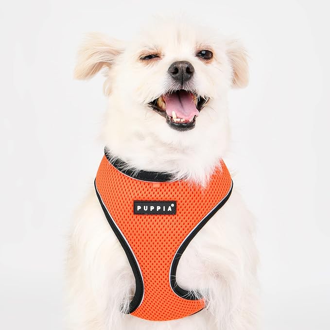 Puppia Soft Dog Harness Pro No Choke Over-The-Head Reflective Straps Triple Layered Breathable Mesh Adjustable Chest Belt and Quick-Release Buckle, Orange, Large