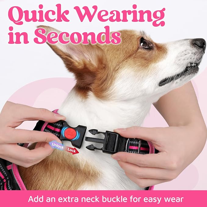 rabbitgoo Dog Harness for Large, No Pull 3 Buckles Easy On & Off | Soft Padded, Walking with Control Handle, Adjustable and Reflective, Black & Pink, Large
