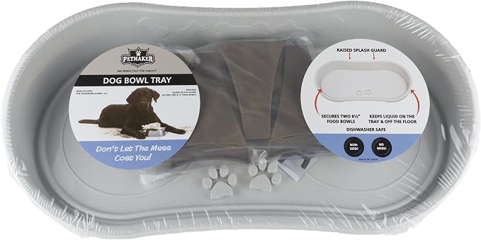 Elevated Pet Feeding Tray with Splash Guard & Non-Skid Feet, Raised Dog Bowl Stand 21″ x 11″ x 8.5″ with Two Stainless Steel Bowls for Food & Water, Comfortable Mealtime for Dogs & Cats by PETMAKER