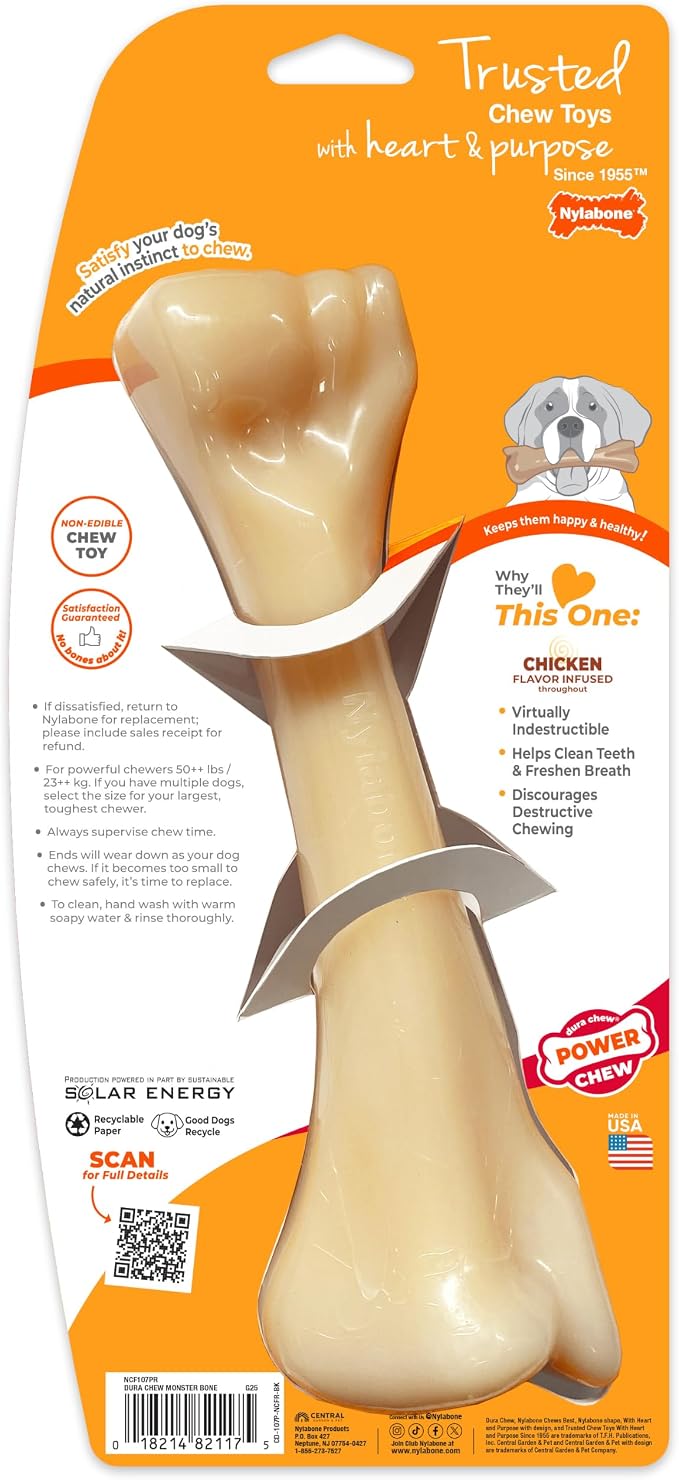 Nylabone Power Chew Monster Bone Dog Chew Toy, Chicken Flavor, XX-Large | Durable dog toys for aggressive chewers, long lasting, discourages destructive chewing, flavor throughout, for dogs 50++ lbs