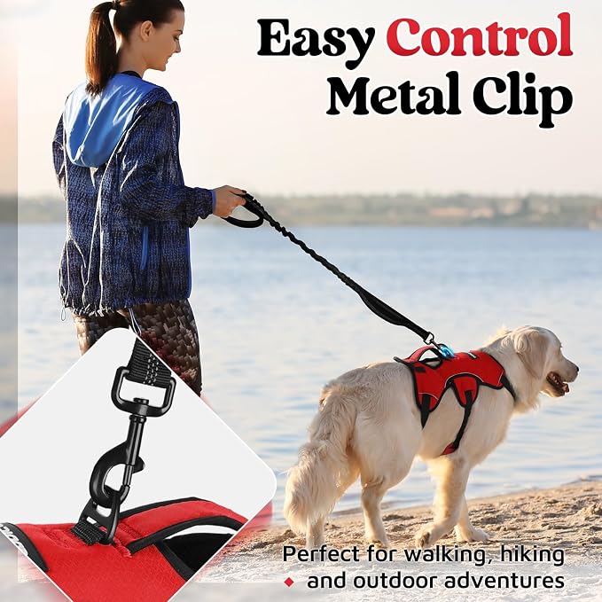 rabbitgoo Escape Proof Dog Harness for Large, No Pull with Lift Handle | No Escape, Full Soft Padded, Reflective Adjustable Vest, Leash Clip for Walking Hiking Training, Red, Large
