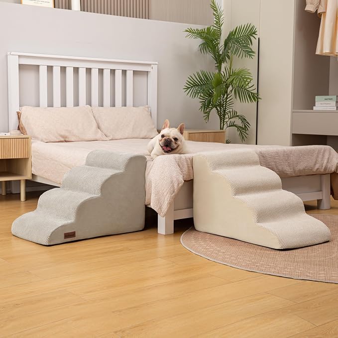 Aodisman Dog Stairs Ramp for Bed and Couch,4 Step Dog Steps for Small Dogs,Pet Stairs with Non-Slip Bottom for Old Cats,Indoor Pet Steps,Comfort,Durable,17.4" H,Beige