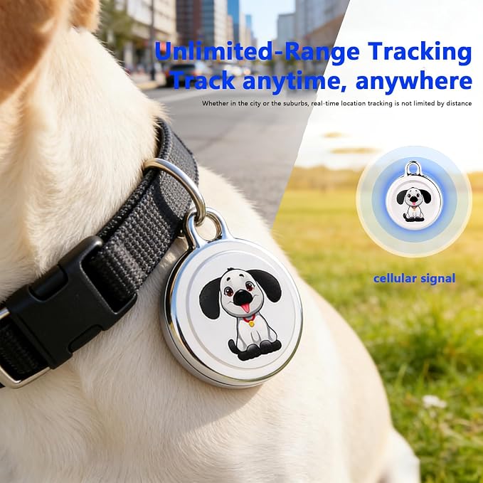 GPS Pet Tracker for Dogs & Cats, No SIM Card or Monthly Fees, iOS & Android | 1-Minute Location Updates, 1-Year Replaceable Battery, IPX7 Waterproof Design with Built-In Attachment Loop