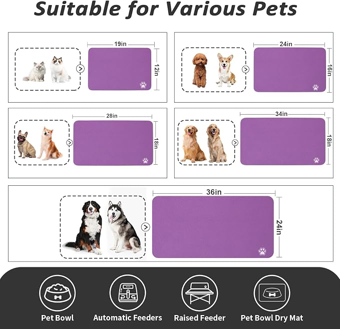 HotLive Dog Food Mat - Absorbent Cat Mat for Food and Water, No Stains Pet Feeding Bowl Mat, Easy to Clean Pet Placemats, Quick Dry Dog Water Dispenser Mat for Messy Drinkers | Paw Purple 18"x 28"