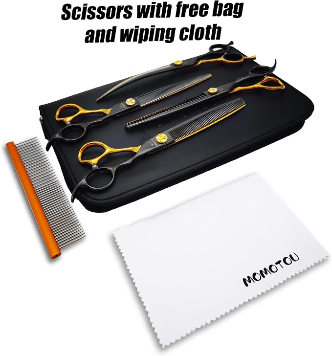 7'' Black & Gold Dog Grooming Scissors Set with Comb Curved Thinning Chunker Straight Shears 4PCS in Scissors Bag 440C Stainless Steel Sharp and Durable for Groomers and Beginners.