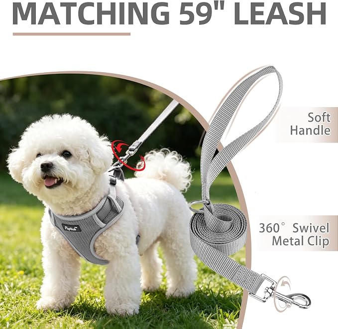 PUPTECK Dog Harness and Leash Set, No Pull Adjustable Pet Small Dog Harness, Reflective Soft Mesh Pet Vest, for Small Medium Dogs Walking, Grey, XS
