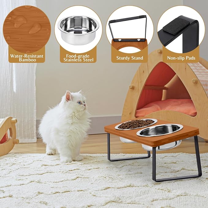 Elevated Cat Bowls for Food and Water - Loplurea 15° Tilted Raised Stainless Steel Cat Food Bowl with Brown Bamboo Stand and Anti Vomit Feeding Station for Indoor Kittens and Pet