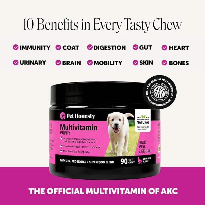Puppy Vitamins and Supplements Multivitamin Chews - DHA Omega 3 Fish Oil + Probiotics for Growth, Brain Development, Immune Support, Sensitive Stomach, Heart Health (Hickory Bacon, 90 Ct)