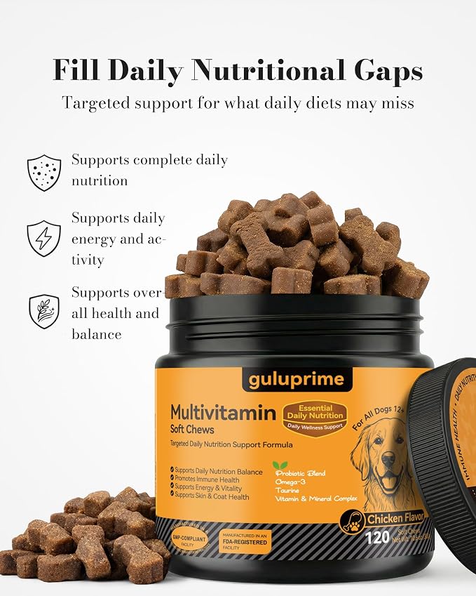 Dog Multivitamin Soft Chews, Daily Vitamins for Dogs, 120 Count | Dog Vitamins & Minerals for Heart & Vision Support, 23 Active Ingredients with CoQ10, Taurine, Lutein & Omega-3 Fish Oil
