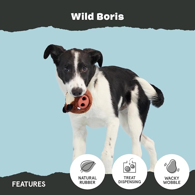 BARK Wild Borris Super Chewer Dog Toy Small | Rip & Reveal Natural Rubber Toy with Treat-Dispensing Core & Wacky Wobble