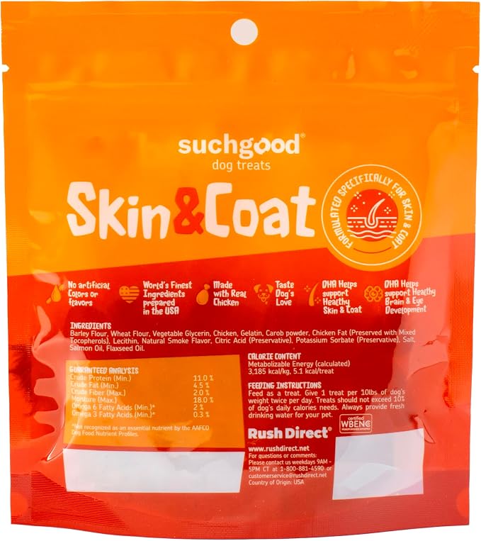 SuchGood Skin and Coat Dog Treats - 70 Count Advanced Omega Skin and Coat Support Chews for All Breed Sizes, Premium Salmon and Flaxseed Oil for Dogs - (Chicken Flavor, 2 Pack)