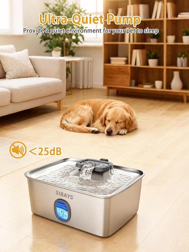 SIBAYS 4Gal/15L Large Dog Water Fountain, Stainless Steel Pet Fountain with Water Window & LED Light, Ultra Quiet Automatic Dog Water Bowl Dispenser for Large Dogs & Multi-pet, Easy to Clean FS76