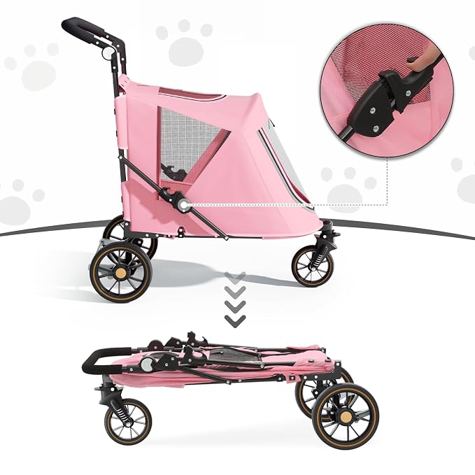 MoNiBloom 3-Wheel Pet Stroller for Large Dogs - Pink, up to 55lbs, Dual Entry