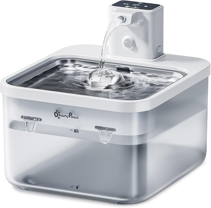 DownyPaws Cat Water Fountain Cordless, 84oz/2.5L Fursink Wireless Pet Water Fountains for Cats Indoor, Battery Operated Cat Drinking Fountain with Motion Sensor, Ultra Quiet Pump, BPA-Free, White Pro