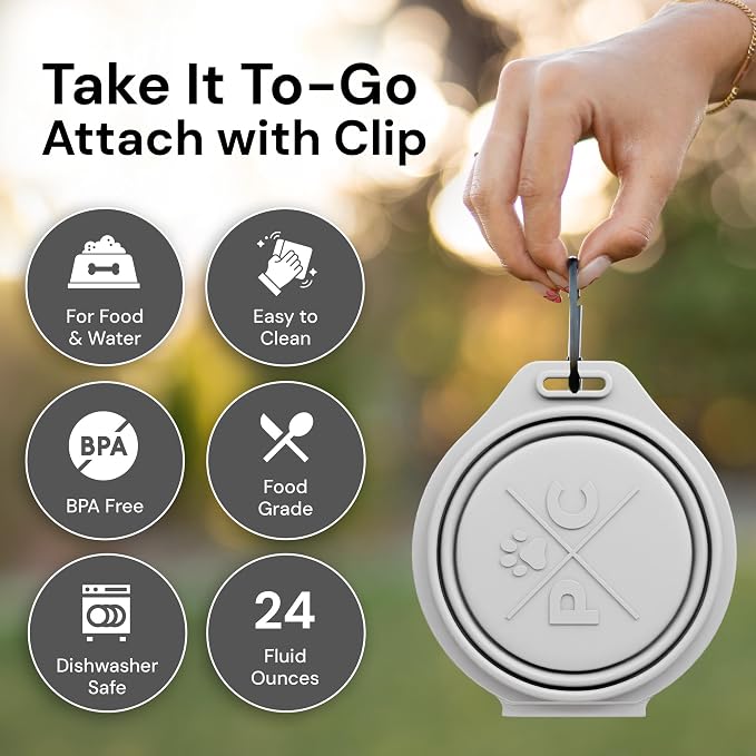Pup Culture Dual Collapsible Dog Bowls | Silicone Travel Water Bowl for Dogs | Food Grade, No Plastic Rim, Portable Dog Bowl for Food and Water - Easy to Clean | BPA Free and Safe for Your Pup-Grey