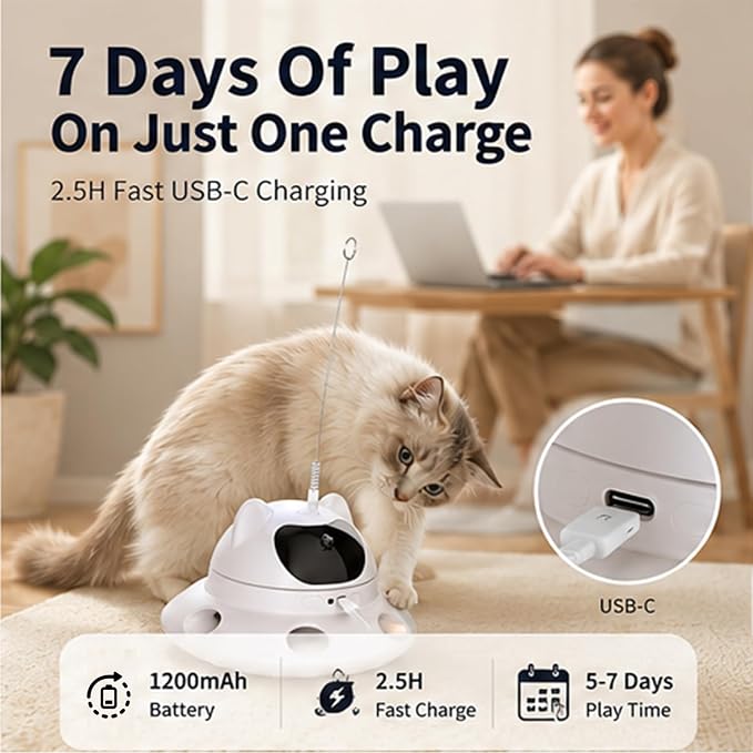 Parakeets Conures Cockatiels 3-in-1 Auto Cat Toy, USB Recharge Motion Activated Kitten Feather Chase Toy - Snow-White