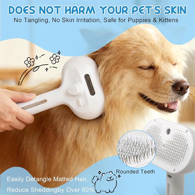 Pet Steam Brush for Cats & Dogs, Cool Mist Self-Cleaning Comb, White | Cool mist pet brush with self-cleaning hair release, stainless steel bristles and 120ML grooming essence for cats and dogs