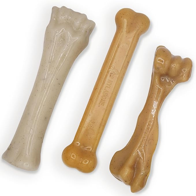 Nylabone Strong Chew Gourmet Style Dog Chew Toy Bundle, Large, 3 Count | Baby back ribs, aged cheddar, and filet mignon flavor, durable dog toys, variety of shapes, long lasting, dogs up to 50 lbs