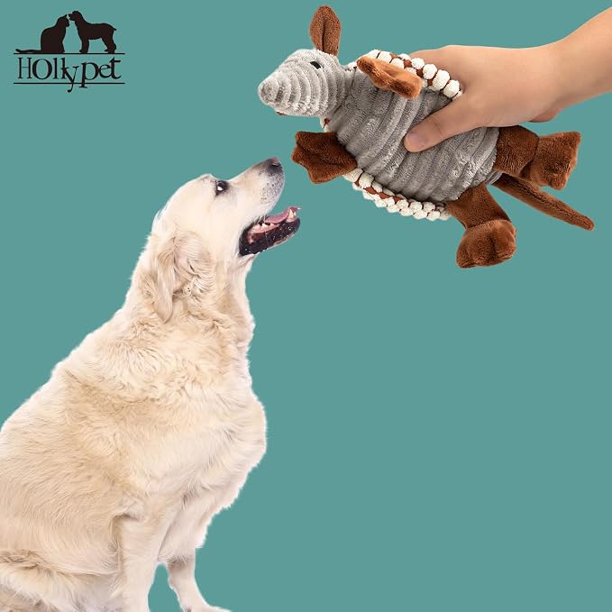 Hollypet Armadillo Squeaky Puppy Dog Toys for Small Medium Dogs, 8" | plush stuffed small dog squeak animal toy with unique grunt squeaker textured fabric for teeth cleaning toys