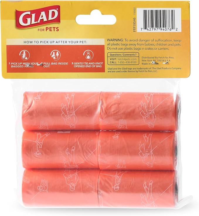 Glad for Pets Heavy Duty Dog Poop Bags, Scented Leak-Resistant Waste Bags with Fun Print Design, Tear-Resistant for Confident Pickup, Fits Standard Dispensers, 6 Rolls, 90 Count - 6 Pack