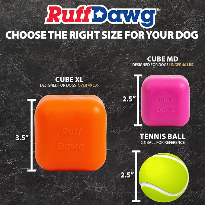 Ruff Dawg Cube Medium 2.5 Indestructible Dog Toy, Yellow – Heavy-Duty Rubber Fetch & Chew Toy for Aggressive Chewers – Erratic Bounce, Floats, BPA & Latex Free – Made in USA