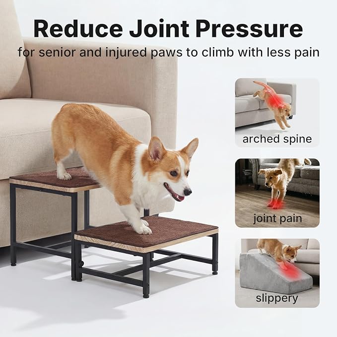 Veehoo Dog Steps for Couch Bed with Metal Frame, 2 Step 12" H Small Stairs for Dogs to Get on Bed with Non Slip Rug Surface, Wooden Portable Doggie Stairs Puppy Steps Doggy Ramp Pet Ladder 16" W